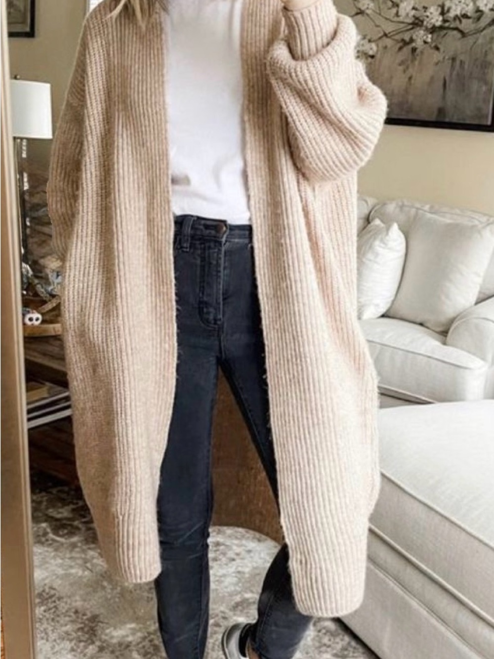 Topshop Cream Ribbed Open-Front Long Cardigan